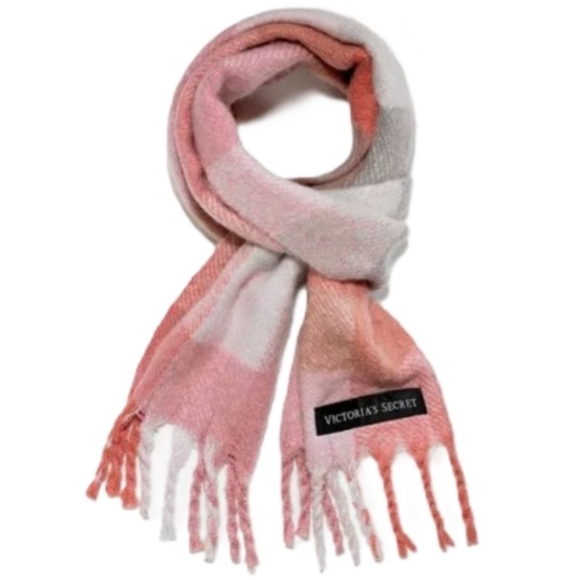 Victoria's Secret Plaid Fluffy Scarf In Buff Pink Grey - Picture 8 of 9